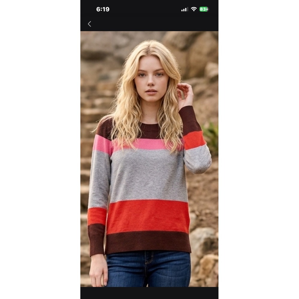 Loft Outlet Women Brown Pink Grey Orange Colorblock Striped Crew Neck Sweater M